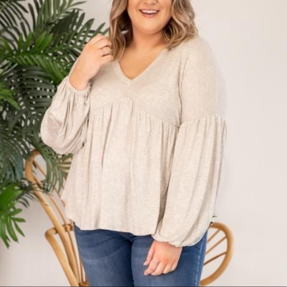 Pink Lily Cream/Beige Long Sleeve Babydoll Top